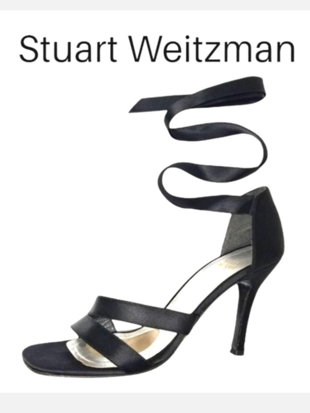 Stuart Weitzman Black Satin Lace Up Heeled Sandals "Wrap Me Up" Open Toe Sz 7½